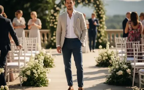 Elegancki mężczyzna w beżowej marynarce i granatowych spodniach, idealny outfit na wesele. Tło ceremonii ślubnej z kwiatami.