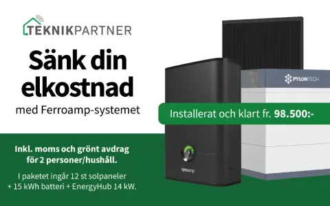 Sänk elkostnaden med Ferroamp-systemet. Solpaneler, batteri och EnergyHub för nordpolen energi. Installerat och klart fr. 98.500:-.