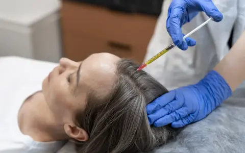Una mano con guante azul aplica una inyección en el cuero cabelludo de una mujer, buscando aliviar el dolor y estimular el crecimiento del cabello.