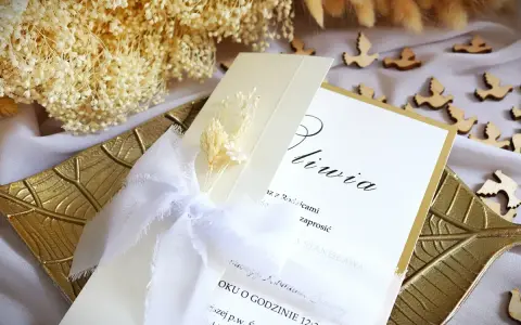 Elegancka papeteria na uroczystość: zaproszenie na Chrzest Święty z subtelnymi ozdobami, białymi wstążkami i suszonymi kwiatami.