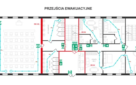 Plan ewakuacyjny z zaznaczonymi drogami ucieczki. Widać tu sale, toalety, recepcję i pokoje.