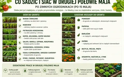 Po zimnych ogrodnikach (po 15 maja) siej buraki, marchew, zioła, sałatę, fasolę, dynie. Sadź pomidory, paprykę, bakłażany, ogórki, bazylię.
