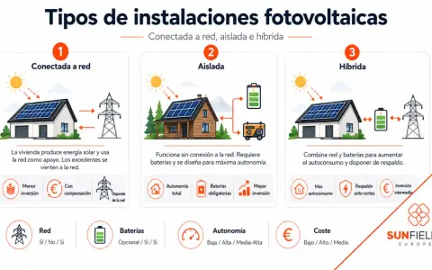 Tipos de autoconsumo fotovoltaico: Conectada a red, aislada e híbrida. Cada una con sus características y beneficios.