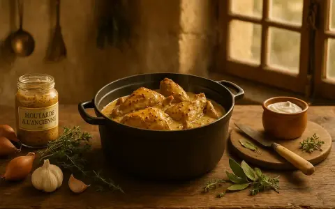 Un plat fumant de lapin à la moutarde, servi dans une cocotte en fonte, avec des ingrédients frais disposés autour.