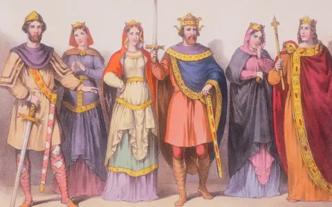 Sechs Figuren in historischen Gewändern, darunter Männer und Frauen mit Kronen und Schwertern. Ein Herzog und ein Graf könnten hier den Unterschied in ihrer Kleidung zeigen.