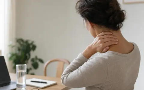 Donna con mal di testa che si massaggia il collo, suggerimenti su come far passare il mal di testa.
