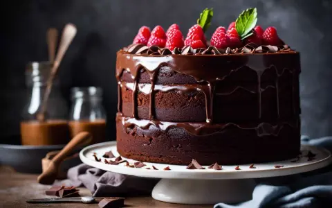 Un délicieux layer cake chocolat, nappé de glaçage brillant et garni de framboises fraîches. Un rêve gourmand !
