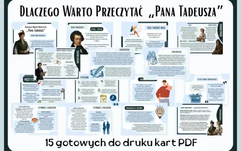 Ilustracja przedstawia kolaż z cytatami, postaciami i symbolami z "Pana Tadeusza".