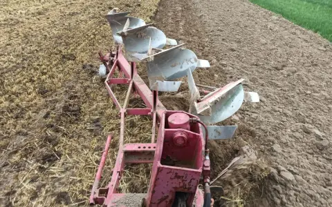 Czerwony pług z kilkoma lemieszami pracuje na polu, odwracając ziemię. Trwa regulacja pługa, przygotowując pole do siewu.
