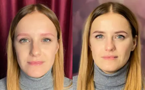 Efekt metamorfozy brwi: henna pudrowa przed i po. Piękne, naturalne brwi po zabiegu.