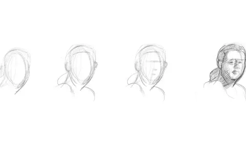 Quatre étapes d'un dessin contour d'un visage, du croquis initial à une esquisse plus détaillée.