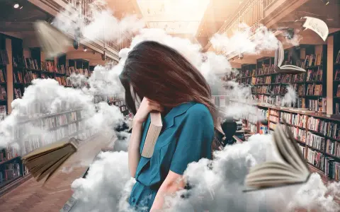 Dziewczyna z książką w chmurach, jak w Psalmie 126, otoczona latającymi księgami w bibliotece.