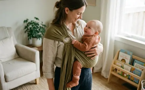 A smiling mother holds her baby in a green ring sling.