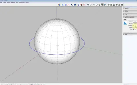 Program SketchUp pokazuje, jak narysować kulę. Widoczna jest siatka i panel z opcjami, gdzie można ustawić promień i segmenty.