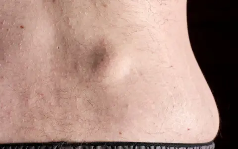 Gros plan sur la peau du ventre, parsemée de petits boutons blancs et de quelques rougeurs. Un petit bouton sur le ventre qui ne gratte pas est visible au centre.