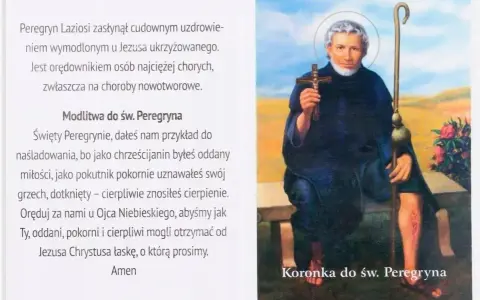 Święty Peregryn z laską i krzyżem, siedzący na ławce.