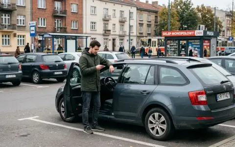 Mężczyzna przy samochodzie sprawdza telefon. UFG identyfikacja OC jest ważna dla każdego kierowcy.