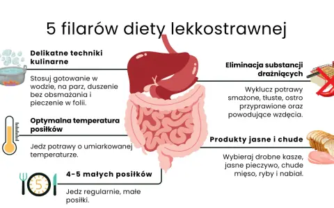 5 filarów diety lekkostrawnej: delikatne techniki, optymalna temperatura, 4-5 posiłków, eliminacja drażniących, produkty jasne i chude.