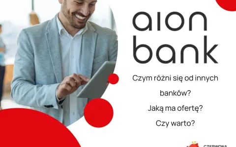 Uśmiechnięty mężczyzna korzysta z tabletu. Logo Aion Bank i pytania o ofertę banku.