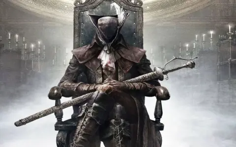Figura sombría con espada en mano, sentada en un trono, evocando la atmósfera de Bloodborne para PC.