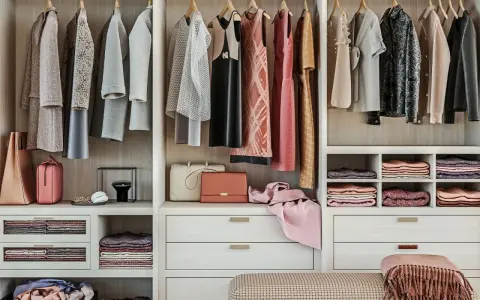 Ordentliche Kleiderstange mit Kleidern, Taschen und gefalteten Textilien. Eine Inspiration für dein eigenes Kleiderschrank basteln vorlage.