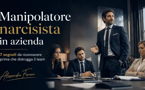 Uomo d'affari carismatico parla a un team, ma il suo sguardo suggerisce un partner narcisista che manipola. 7 segnali per riconoscerlo.