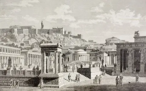 Lebhafter marktplatz im alten griechenland mit Akropolis im Hintergrund. Menschen handeln, diskutieren und spazieren zwischen Säulen und Tempeln.