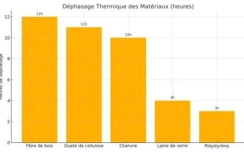 Graphique montrant le déphasage thermique des matériaux : fibre de bois (12h), ouate de cellulose (11h), chanvre (10h), laine de verre (4h), polystyrène (3h).