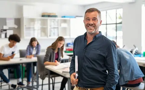 Professore sorridente in aula con studenti. La sua laurea per insegnare alle superiori è evidente dalla sua sicurezza.