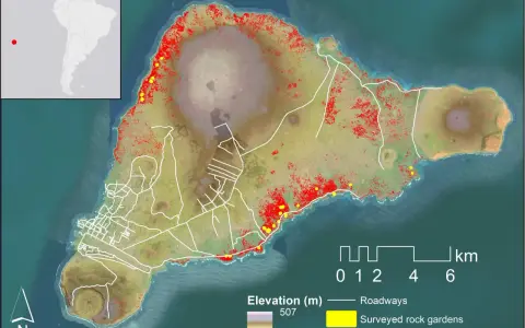 Mapa pokazuje, gdzie są Wyspy Wielkanocne, z zaznaczonymi ogrodami skalnymi (żółte i czerwone punkty) i drogami.