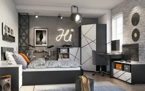 Nowoczesne pokoje młodzieżowe dla chłopców: łóżko, biurko, szafa, perkusja i neonowe "Hi".