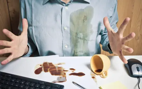 Mann mit verschüttetem Kaffee auf Hemd und Schreibtisch. Eingetrocknete Kaffeeflecken entfernen ist eine Herausforderung.