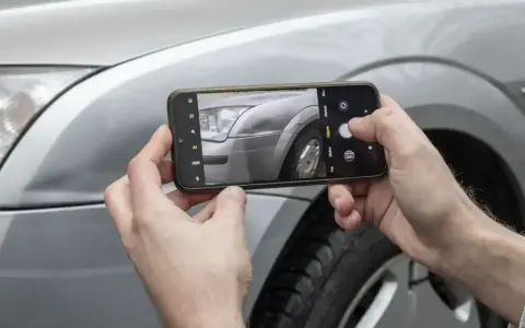 Ręce trzymają smartfon, fotografując reflektor i błotnik srebrnego auta. Sprawdzam lakierowanie elementu samochodu cennik.