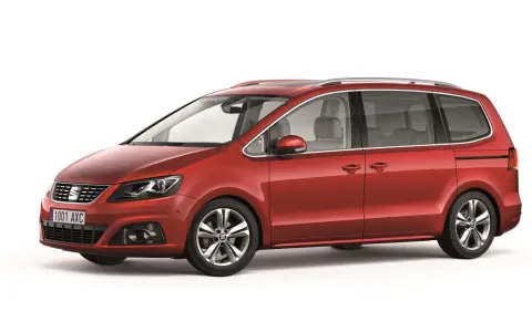 Un Seat Alhambra rojo, ideal para familias, con detalles de diseño y llantas deportivas. Conoce sus medidas.