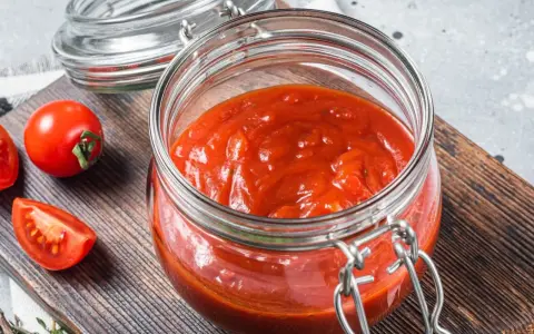 Domowy passata pomidorowa przepis. Słoik pełen gęstego sosu pomidorowego, obok świeże pomidory na desce.