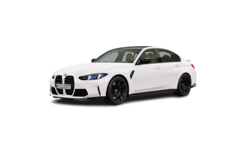 Białe, nowe BMW M3 z czarnymi felgami i przyciemnianymi szybami, prezentujące sportowy design.