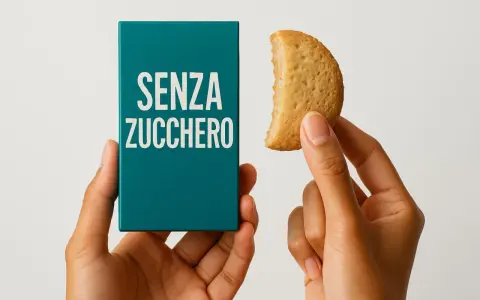 Mani che tengono una scatola con scritto "SENZA ZUCCHERO" e un biscotto senza zucchero.