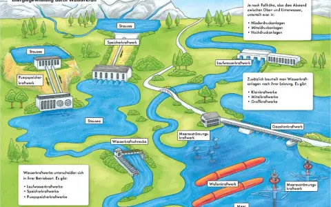 Illustration zeigt, was ist Wasserkraft: verschiedene Kraftwerke (Speicher, Lauf, Pumpen, Gezeiten, Wellen) nutzen Wasser zur Energiegewinnung.