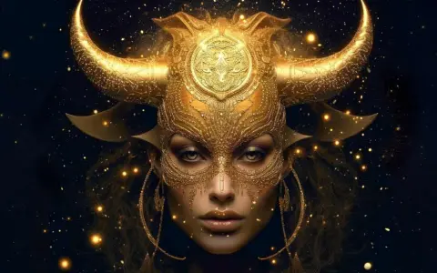 Złota maska z rogami byka, symbolizująca znak zodiaku Byk, otoczona migoczącymi gwiazdami.