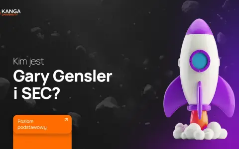 Rakieta startuje, a na ekranie widnieje pytanie: "Kim jest Gary Gensler i SEC?". Obok logo Kanga University.