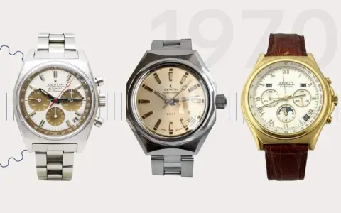 Tre orologi Zenith storici: un cronografo El Primero, un Defy e un modello in oro con fasi lunari.