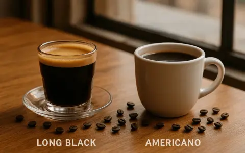 Long Black vs Americano: zwei Kaffeegetränke auf einem Holztisch, umgeben von Kaffeebohnen.
