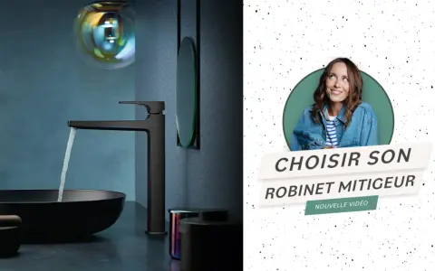 Vidéo expliquant comment fonctionne un mitigeur. Une femme souriante et un robinet moderne dans une salle de bain.