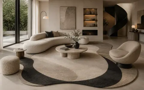 En stor, böljande matta under en elegant soffa skapar en inbjudande sittgrupp.