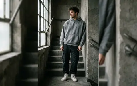 Giovane uomo con felpa oversize e pantaloni cargo scuri appoggiato a un muro di cemento, con scale e finestra sullo sfondo.