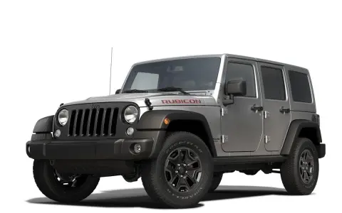 Un coche Jeep Rubicon plateado, listo para la aventura, con la palabra "Rubicon" en rojo sobre el capó.