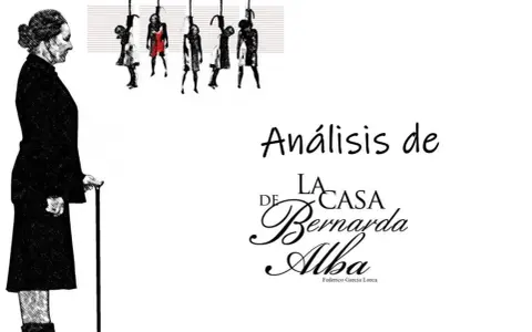 Análisis de "La casa de Bernarda Alba" con símbolos: Bernarda observa a sus hijas, figuras suspendidas que representan la opresión y los símbolos de la obra.