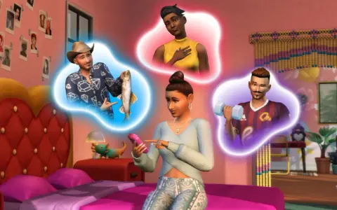 Sims 4 aktualizacje: dziewczyna myśli o randkach z różnymi Simami, jeden z wędką, drugi z hantlem, a trzecia Simka w żółtej bluzce.