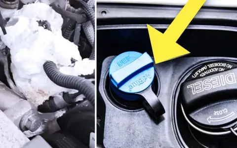 Fryst AdBlue-system i bilen. En gul pil pekar mot AdBlue-locket, bredvid diesellocket.