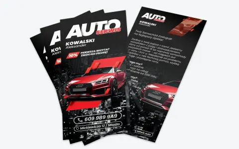 Projekt ulotki online dla Auto Serwis Kowalski. Czerwony sportowy samochód na tle nocnego miasta. Oferta 10% zniżki na pierwszą wizytę.